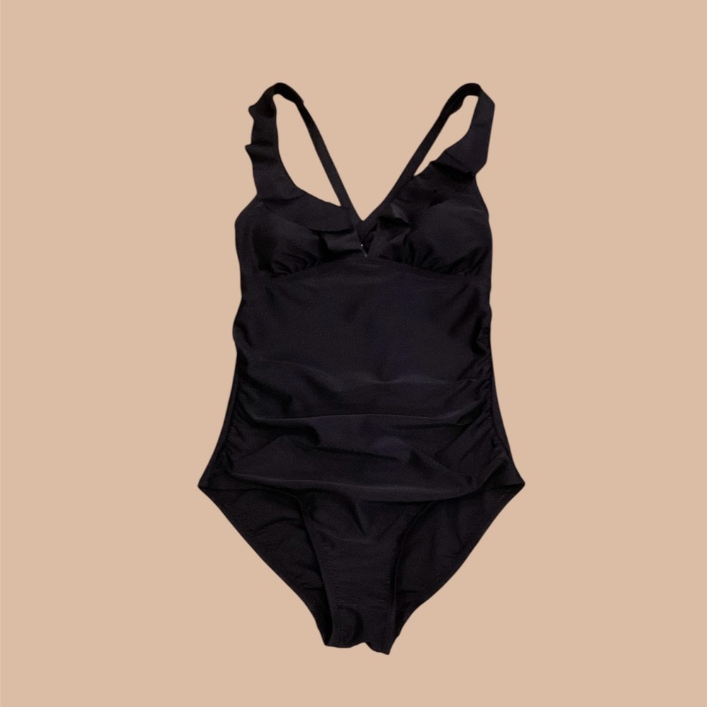 Kona Sol Classic Black Ruffle One Piece Swimsuit, size Medium 😎